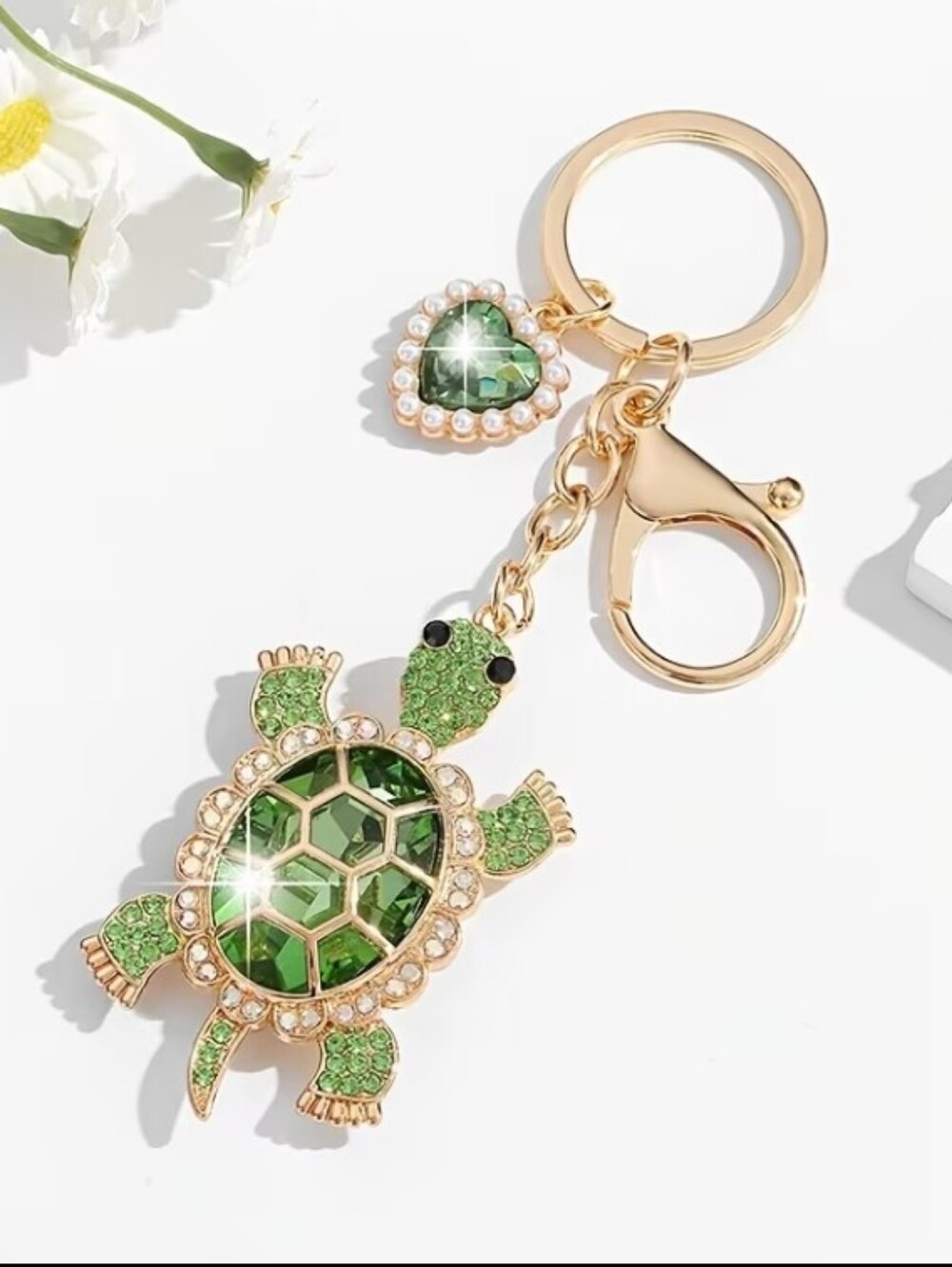 Green Crystal Turtle Keychain with Heart Charm